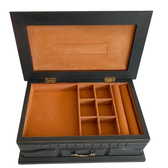 Vntg Wood‎ Jewelry Box Hand Painted Unisex Sunflower Black Commodore by Rosalco - Picture 4 of 9